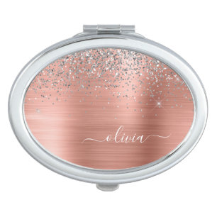 Brushed Metal Rose Gold Silver Glitter Monogram Compact Mirror