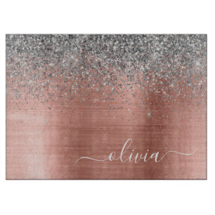 Brushed Metal Rose Gold Silver Glitter Monogram Cutting Board