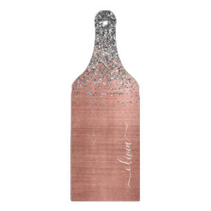 Brushed Metal Rose Gold Silver Glitter Monogram Cutting Board