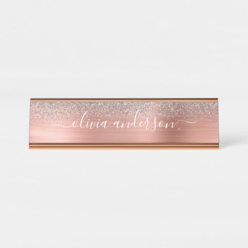 Brushed Metal Rose Gold Silver Glitter Monogram Desk Name Plate