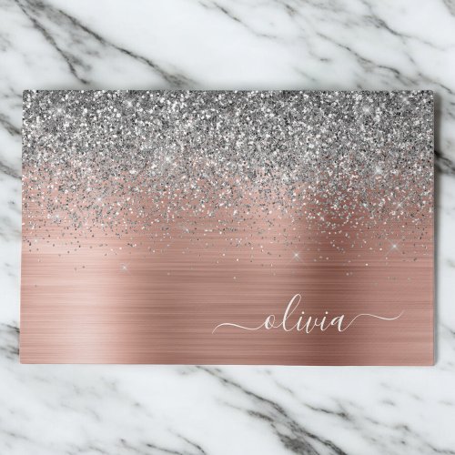 Brushed Metal Rose Gold Silver Glitter Monogram Doormat