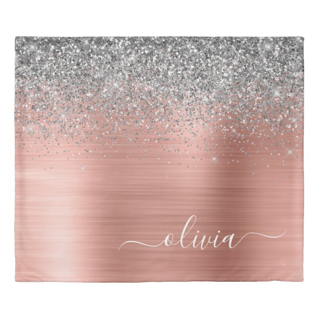 Brushed Metal Rose Gold Silver Glitter Monogram Duvet Cover (Front)