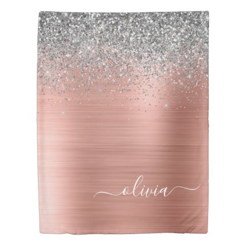 Brushed Metal Rose Gold Silver Glitter Monogram Duvet Cover