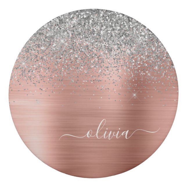 Brushed Metal Rose Gold Silver Glitter Monogram Eraser (Front)