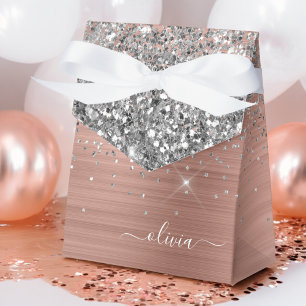 Brushed Metal Rose Gold Silver Glitter Monogram Favor Boxes