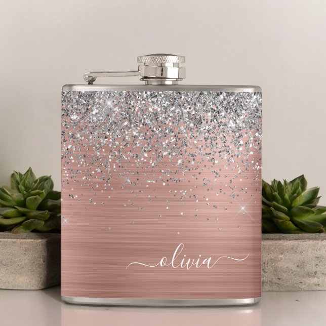 Brushed Metal Rose Gold Silver Glitter Monogram Flask (Creator Uploaded)