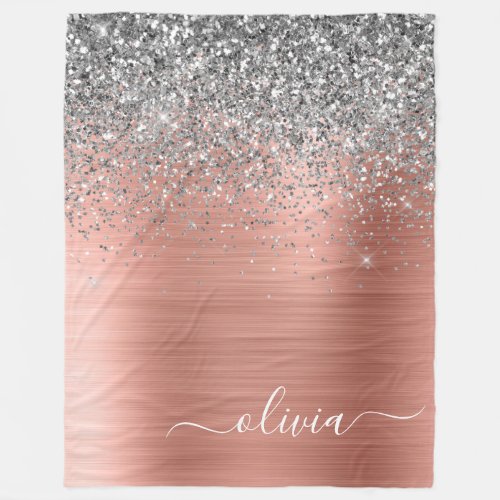 Brushed Metal Rose Gold Silver Glitter Monogram Fleece Blanket