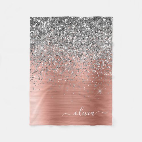 Brushed Metal Rose Gold Silver Glitter Monogram Fleece Blanket