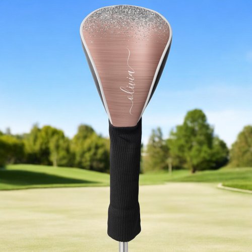 Brushed Metal Rose Gold Silver Glitter Monogram Golf Head Cover