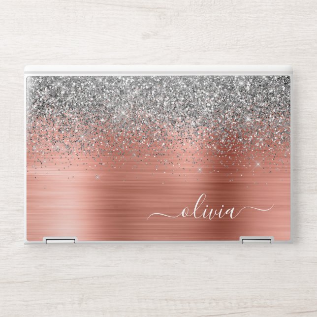 Brushed Metal Rose Gold Silver Glitter Monogram HP Laptop Skin (Front)