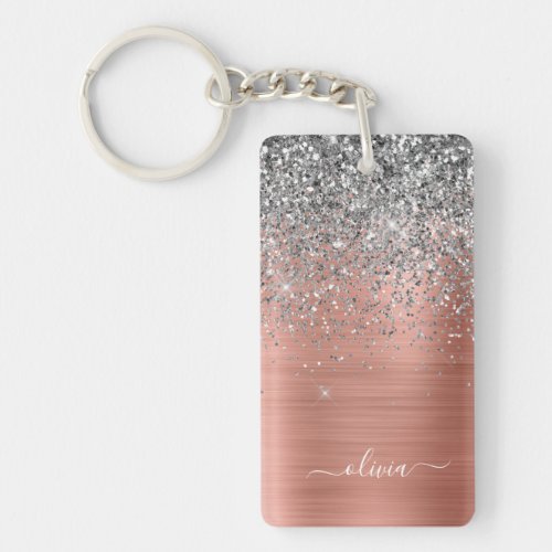 Brushed Metal Rose Gold Silver Glitter Monogram Keychain