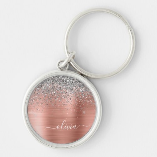 Brushed Metal Rose Gold Silver Glitter Monogram Keychain