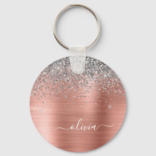 Brushed Metal Rose Gold Silver Glitter Monogram Keychain