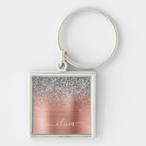 Brushed Metal Rose Gold Silver Glitter Monogram Keychain