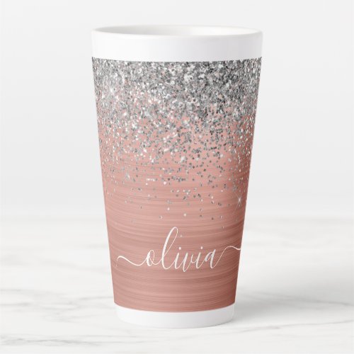 Brushed Metal Rose Gold Silver Glitter Monogram Latte Mug