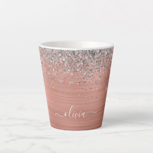 Brushed Metal Rose Gold Silver Glitter Monogram Latte Mug