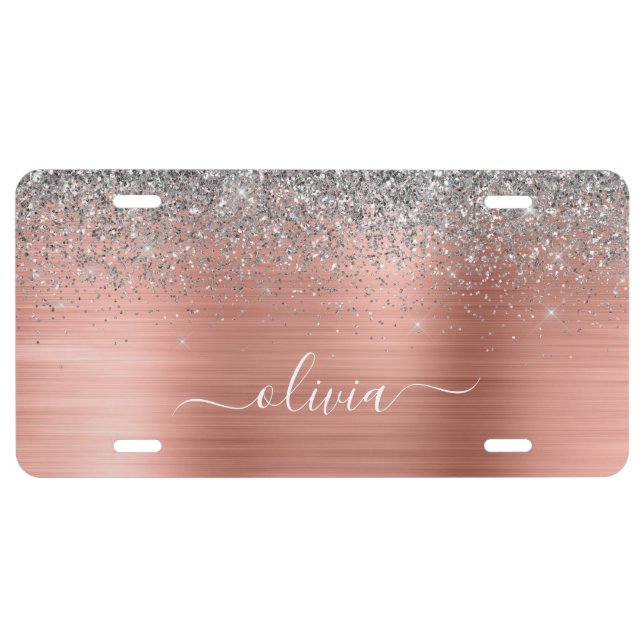 Brushed Metal Rose Gold Silver Glitter Monogram License Plate (Front)