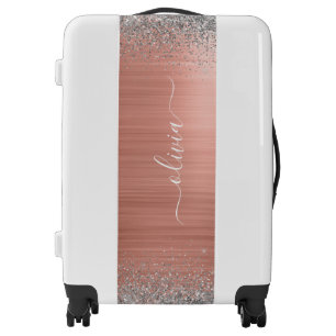 Brushed Metal Rose Gold Silver Glitter Monogram Luggage