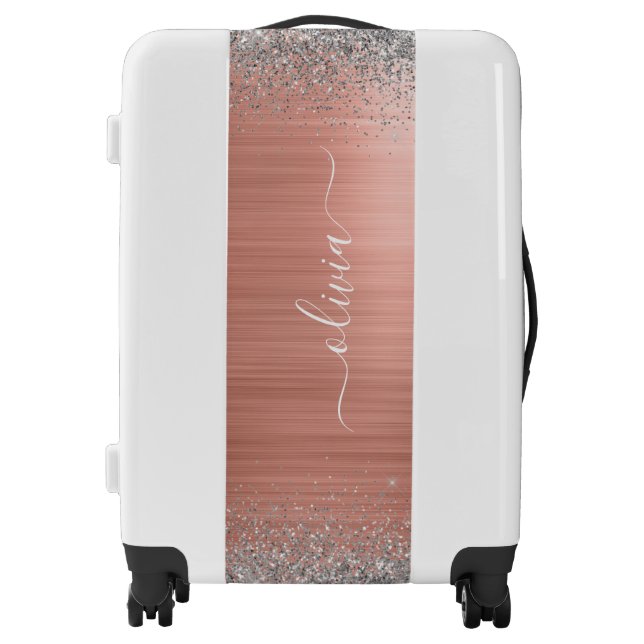 Brushed Metal Rose Gold Silver Glitter Monogram Luggage (Front)