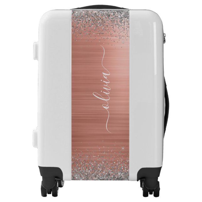 Brushed Metal Rose Gold Silver Glitter Monogram Luggage (Front)