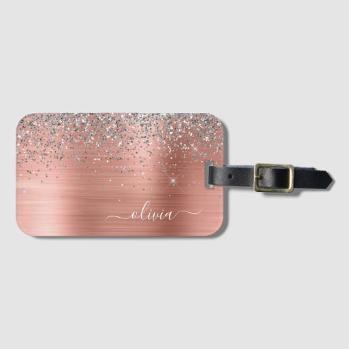 Brushed Metal Rose Gold Silver Glitter Monogram Luggage Tag