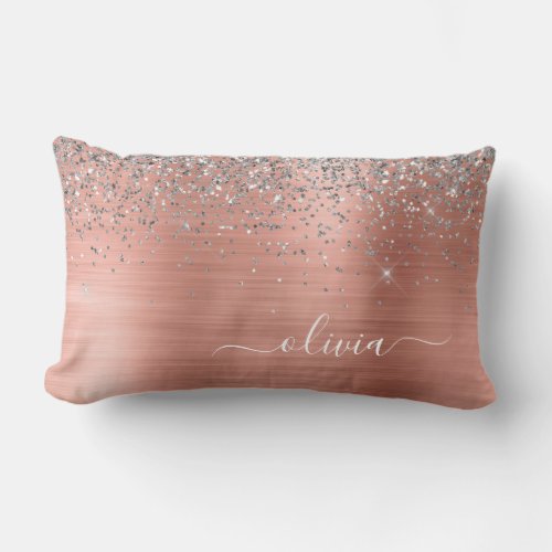 Brushed Metal Rose Gold Silver Glitter Monogram Lumbar Pillow