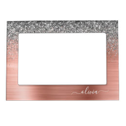 Brushed Metal Rose Gold Silver Glitter Monogram Magnetic Frame