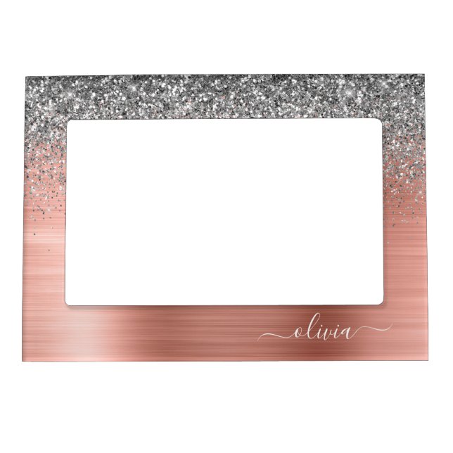 Brushed Metal Rose Gold Silver Glitter Monogram Magnetic Frame (Front)