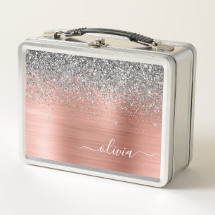 Brushed Metal Rose Gold Silver Glitter Monogram Metal Lunch Box