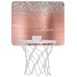 Brushed Metal Rose Gold Silver Glitter Monogram Mini Basketball Hoop
