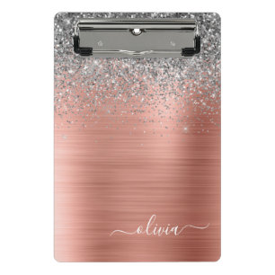 Brushed Metal Rose Gold Silver Glitter Monogram Mini Clipboard