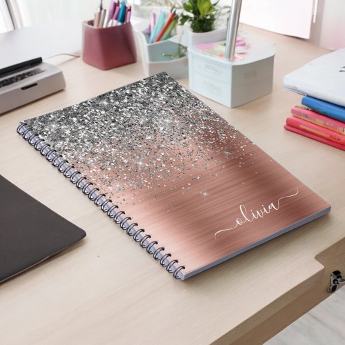 Brushed Metal Rose Gold Silver Glitter Monogram Notebook