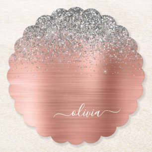 Brushed Metal Rose Gold Silver Glitter Monogram Paper Coaster