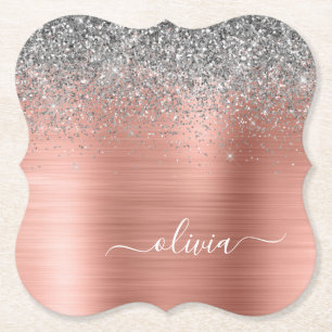 Brushed Metal Rose Gold Silver Glitter Monogram Paper Coaster