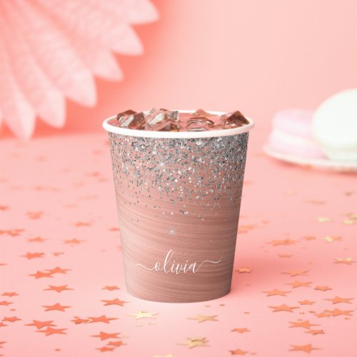 Brushed Metal Rose Gold Silver Glitter Monogram Paper Cups