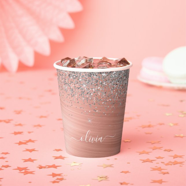 Brushed Metal Rose Gold Silver Glitter Monogram Paper Cups (Insitu)