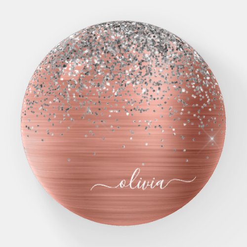 Brushed Metal Rose Gold Silver Glitter Monogram Paperweight