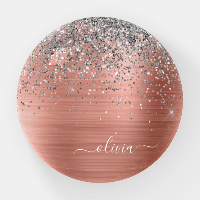 Brushed Metal Rose Gold Silver Glitter Monogram Paperweight (Front)