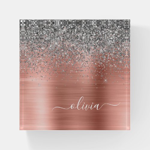 Brushed Metal Rose Gold Silver Glitter Monogram Paperweight