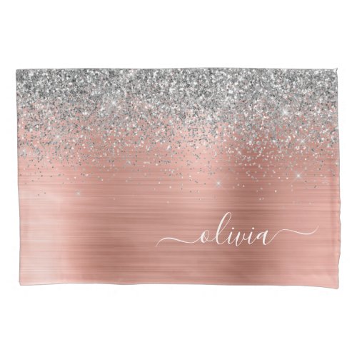 Brushed Metal Rose Gold Silver Glitter Monogram Pillow Case