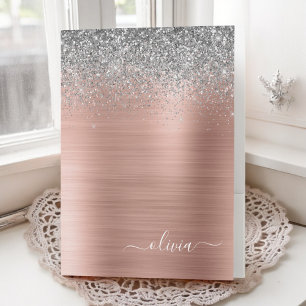 Brushed Metal Rose Gold Silver Glitter Monogram Pocket Folder