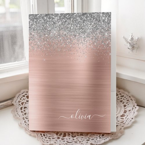 Brushed Metal Rose Gold Silver Glitter Monogram Pocket Folder