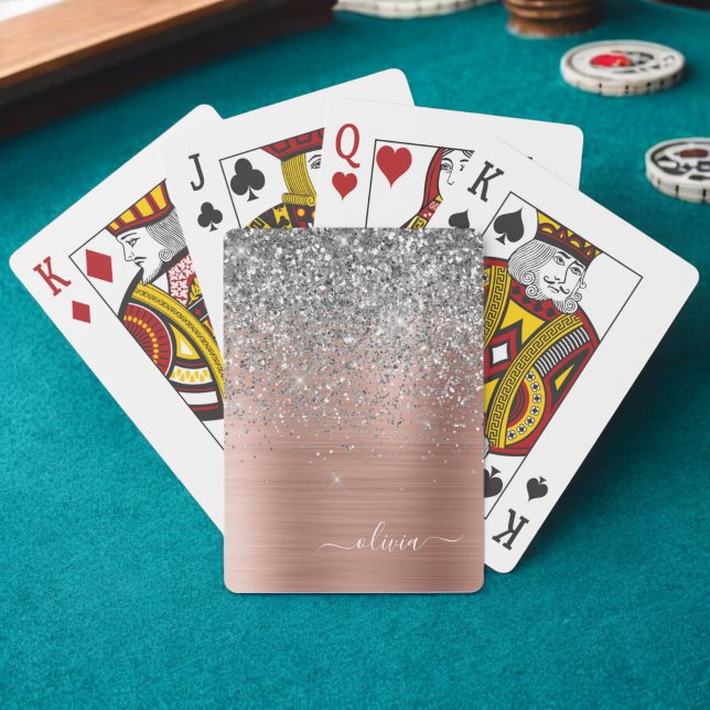 Brushed Metal Rose Gold Silver Glitter Monogram Poker Cards (Creator Uploaded)