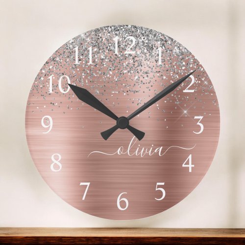 Brushed Metal Rose Gold Silver Glitter Monogram Round Clock