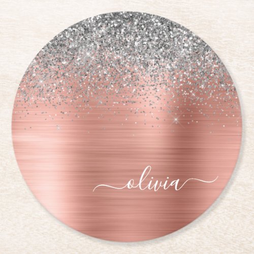 Brushed Metal Rose Gold Silver Glitter Monogram Round Paper Coaster