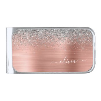 Brushed Metal Rose Gold Silver Glitter Monogram Silver Finish Money Clip by Hot_Foil_Creations at Zazzle