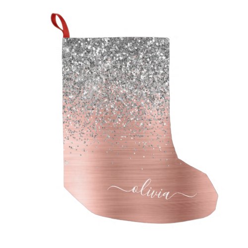 Brushed Metal Rose Gold Silver Glitter Monogram Small Christmas Stocking