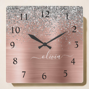 Brushed Metal Rose Gold Silver Glitter Monogram Square Wall Clock