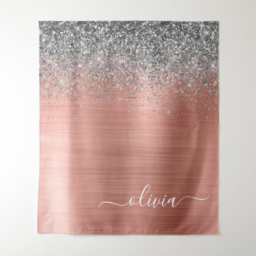 Brushed Metal Rose Gold Silver Glitter Monogram Tapestry