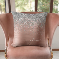 Brushed Metal Rose Gold Silver Glitter Monogram Throw Pillow